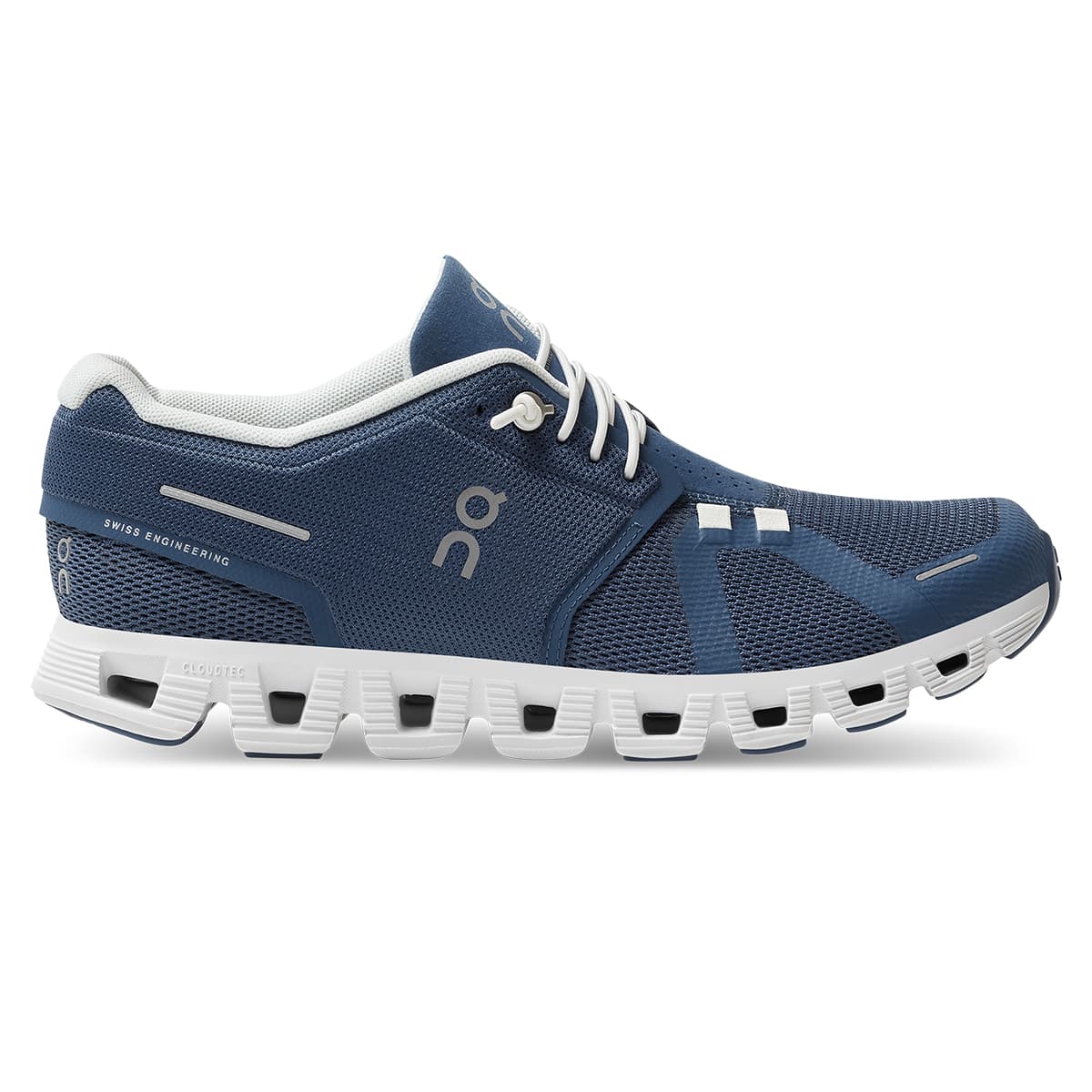 Right side view of the On Cloud 5 Denim White women's running shoe