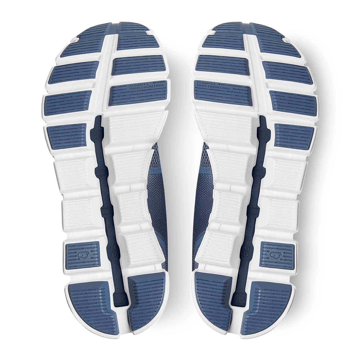 Soles of the On Cloud 5 Denim White women's running shoes