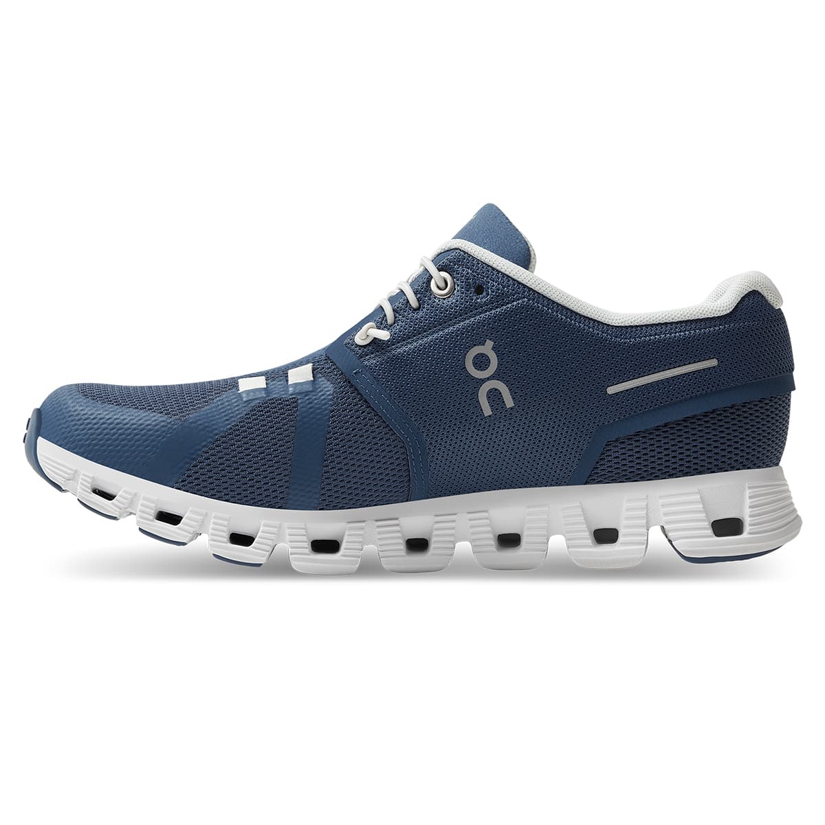 Left side view of the On Cloud 5 Denim White women's running shoe
