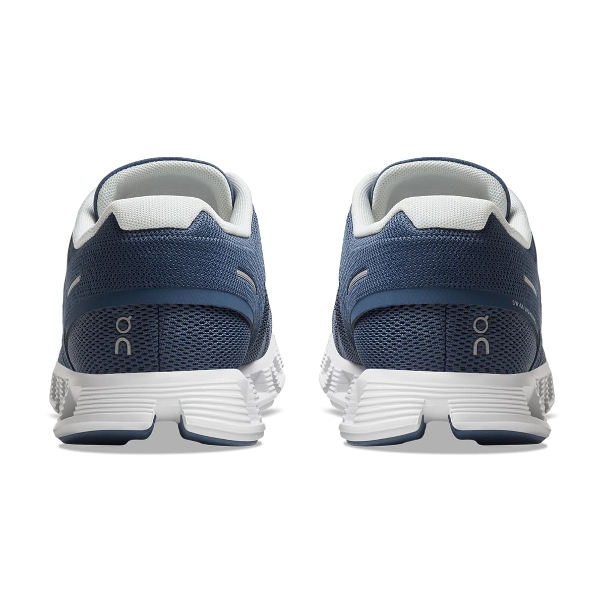 Back view of the On Cloud 5 Denim White women's running shoe