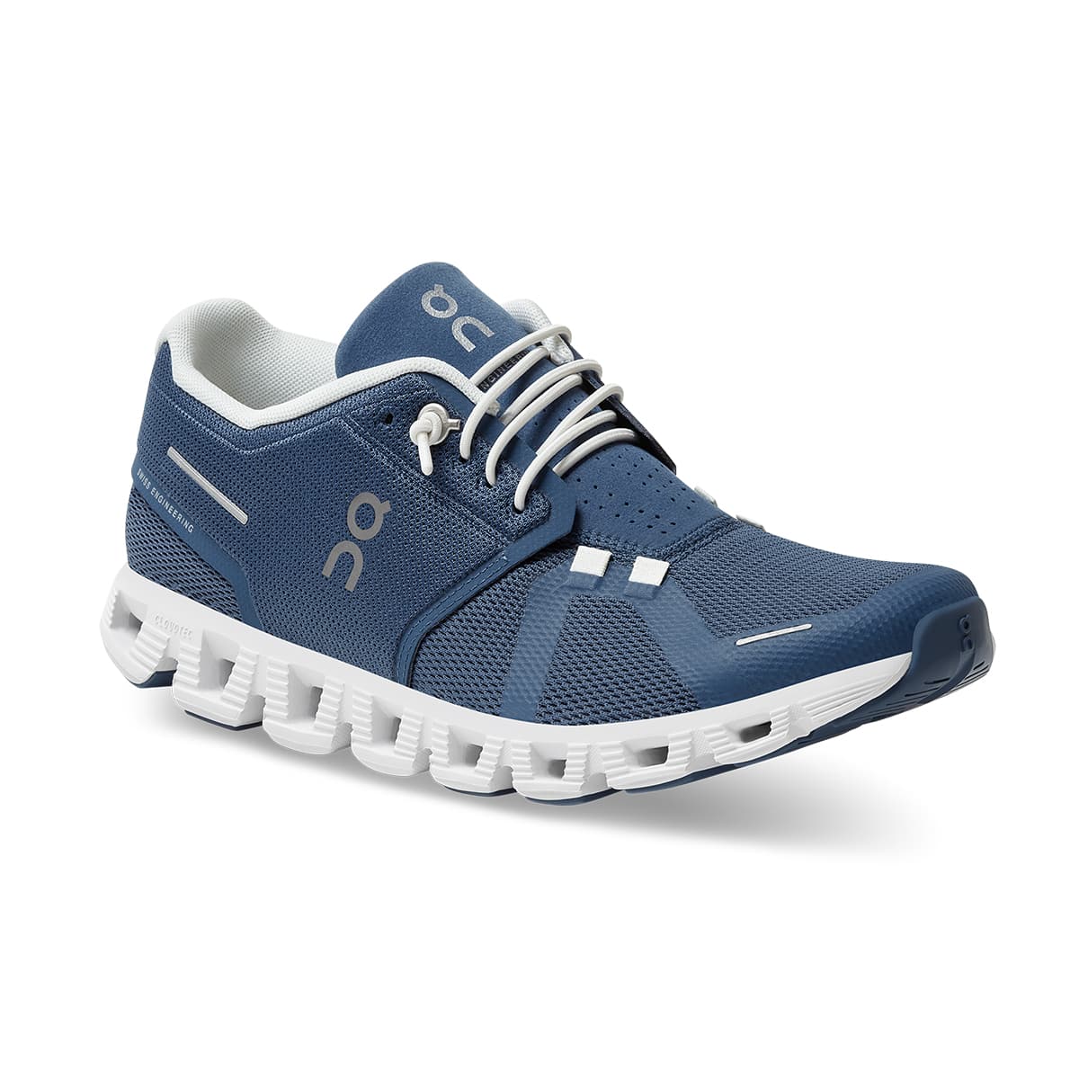 45-degree view of the On Cloud 5 Denim White women's running shoe