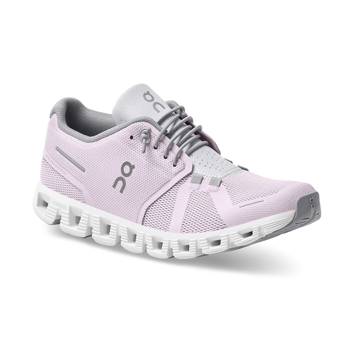 45-degree view of the On Cloud 5 Lily Frost women's running shoe