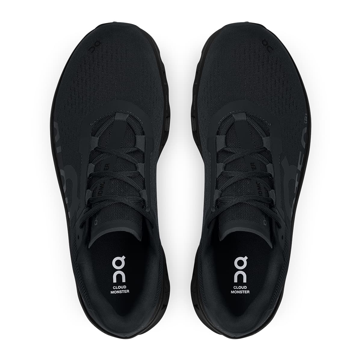 Top view of the On Cloudmonster All Black men's running shoes