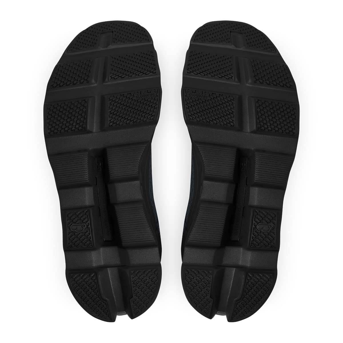 Soles of the On Cloudmonster All Black men's running shoes