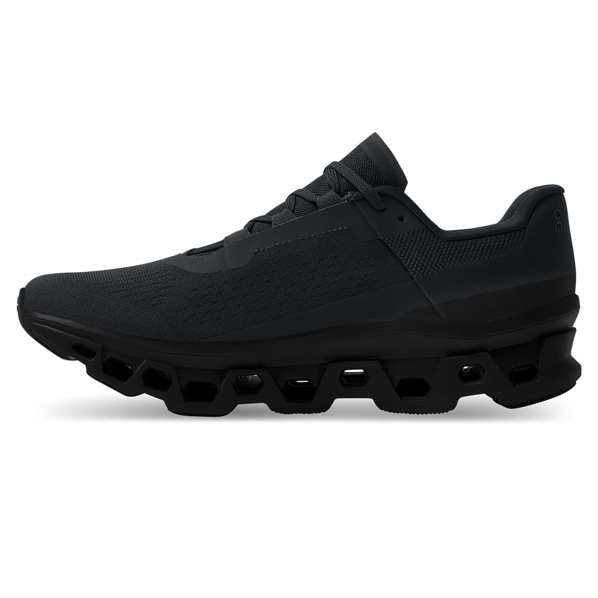 Left side view of the On Cloudmonster All Black men's running shoe