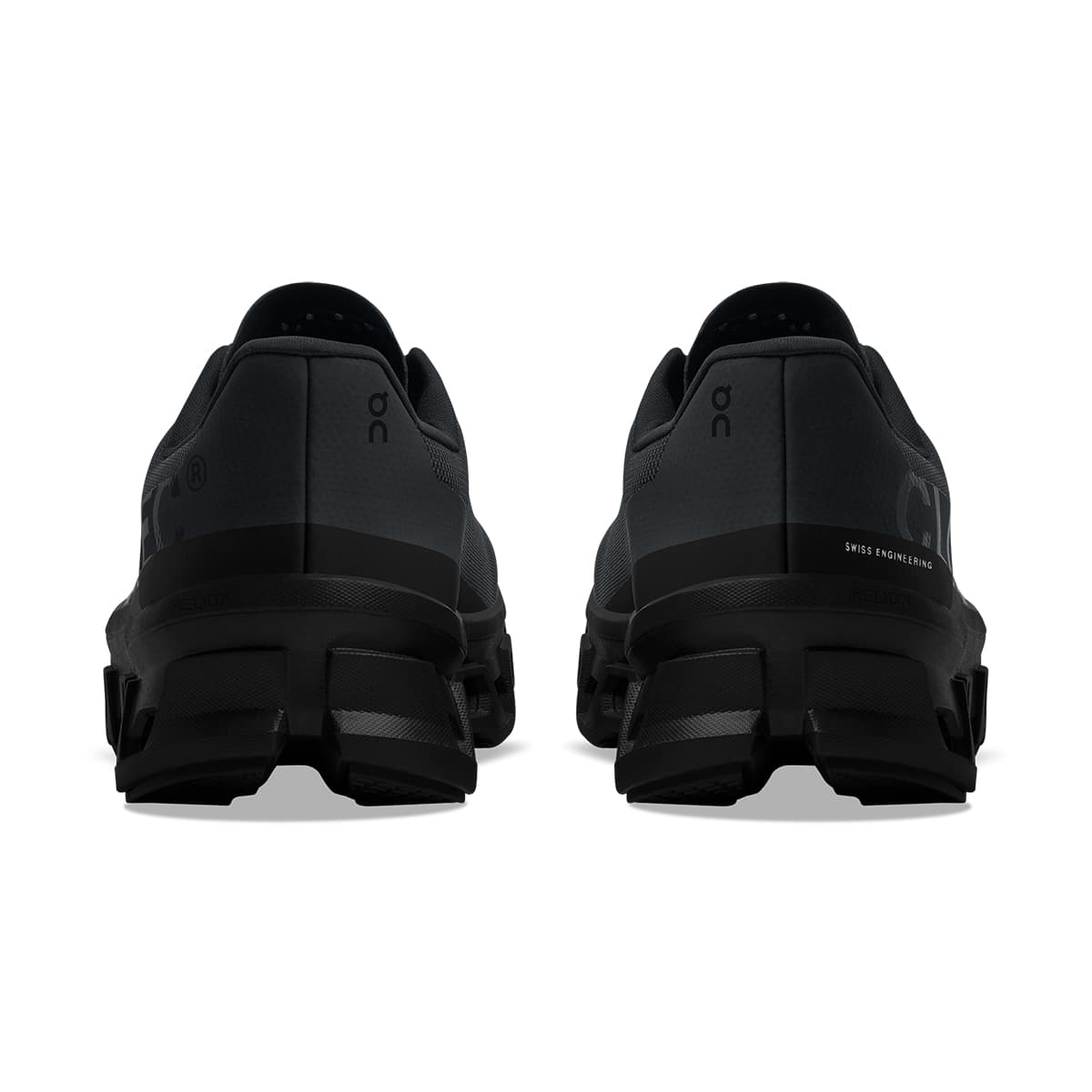 Back view of the On Cloudmonster All Black men's running shoe