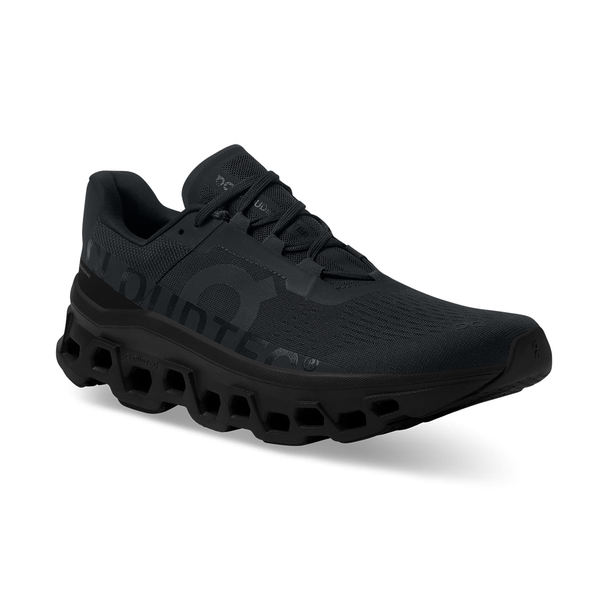 45-degree view of the On Cloudmonster All Black men's running shoe