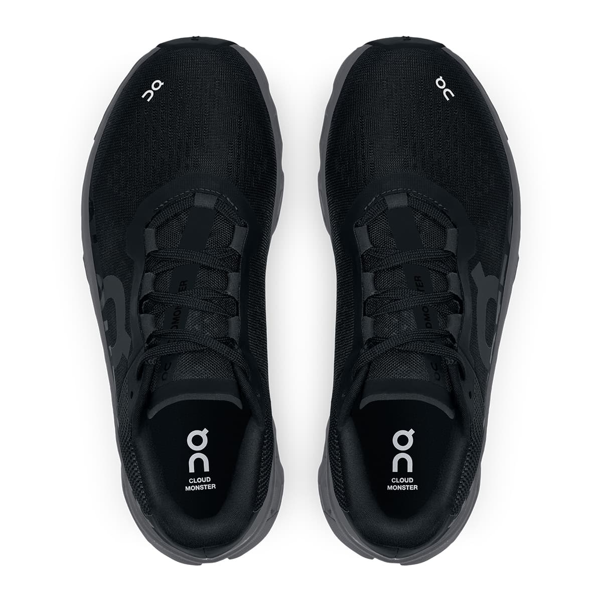 Top view of the On Cloudmonster Black Magnet women's running shoes