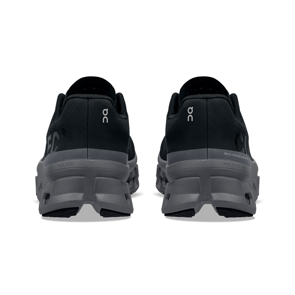 Back view of the On Cloudmonster Black Magnet women's running shoe