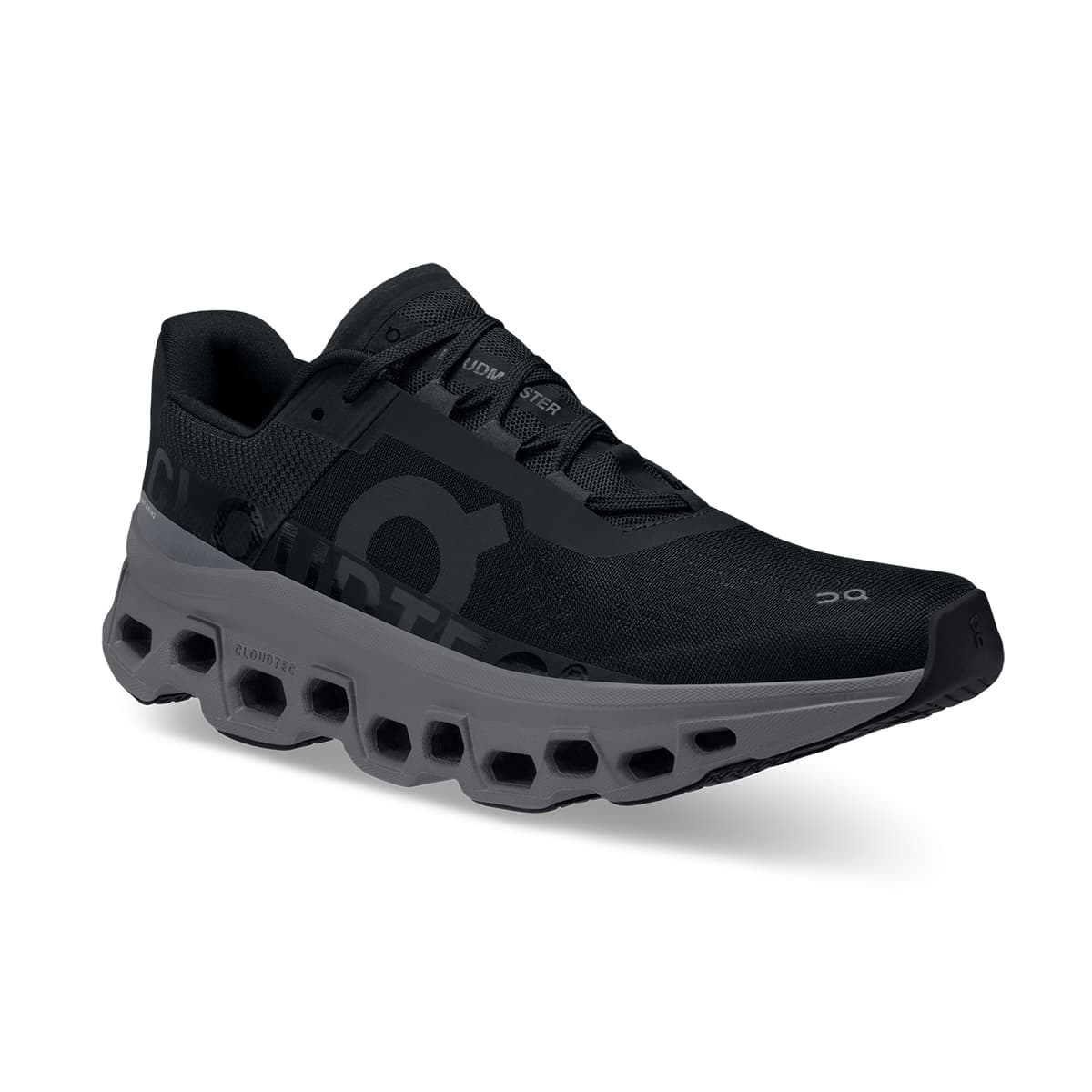 45-degree view of the On Cloudmonster Black Magnet women's running shoe