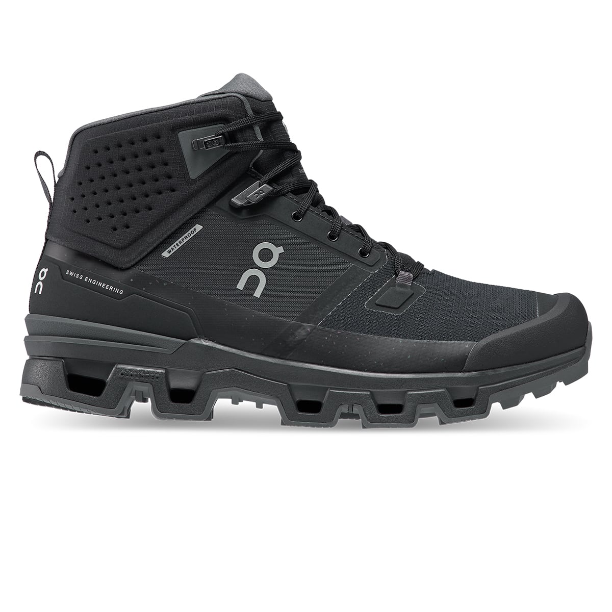 Right side view of the On Cloudrock 2 Waterproof Black-Eclipse men’s running shoe