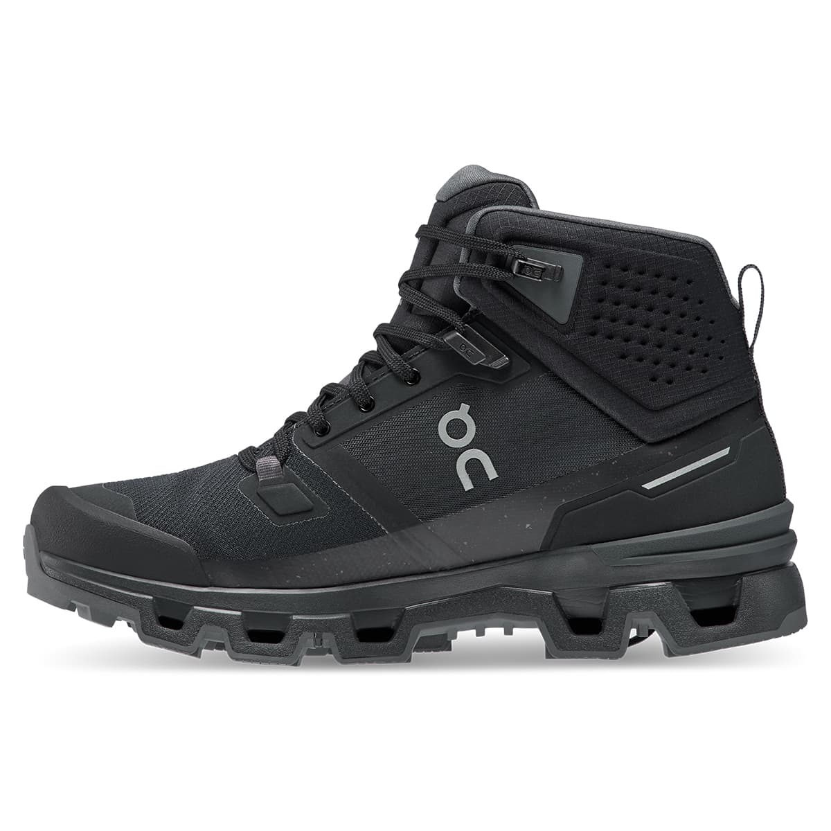 Left side view of the On Cloudrock 2 Waterproof Black-Eclipse men’s running shoe