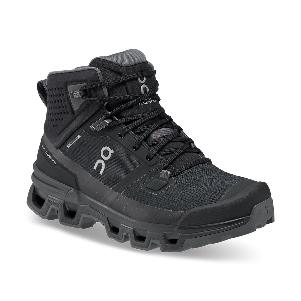 45-degree view of the On Cloudrock 2 Waterproof Black-Eclipse men’s running shoe