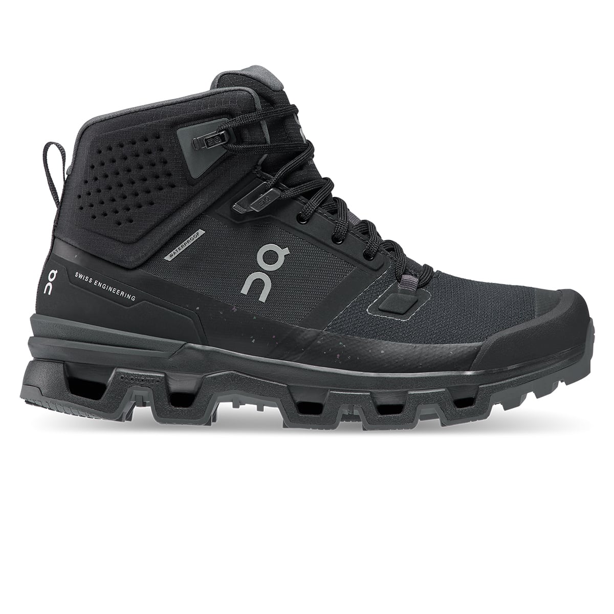 Right side view of the On Cloudrock 2 Waterproof Black-Eclipse women’s running shoe #color_black-eclipse