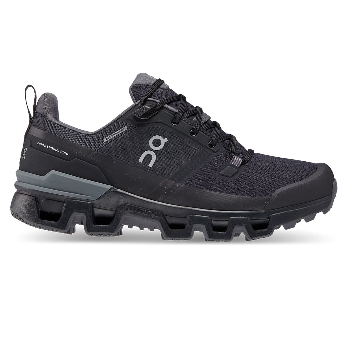 Right side view of the On Cloudwander Waterproof Black-Eclipse women’s running shoe