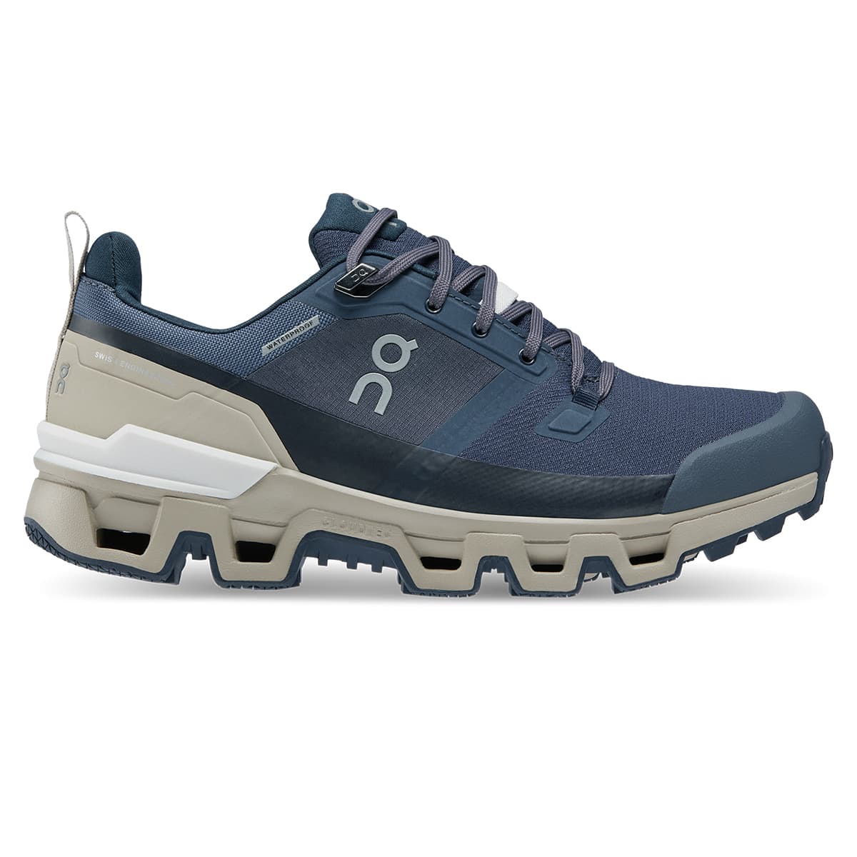 Right side view of the On Cloudwander Waterproof Navy-Desert women’s running shoe