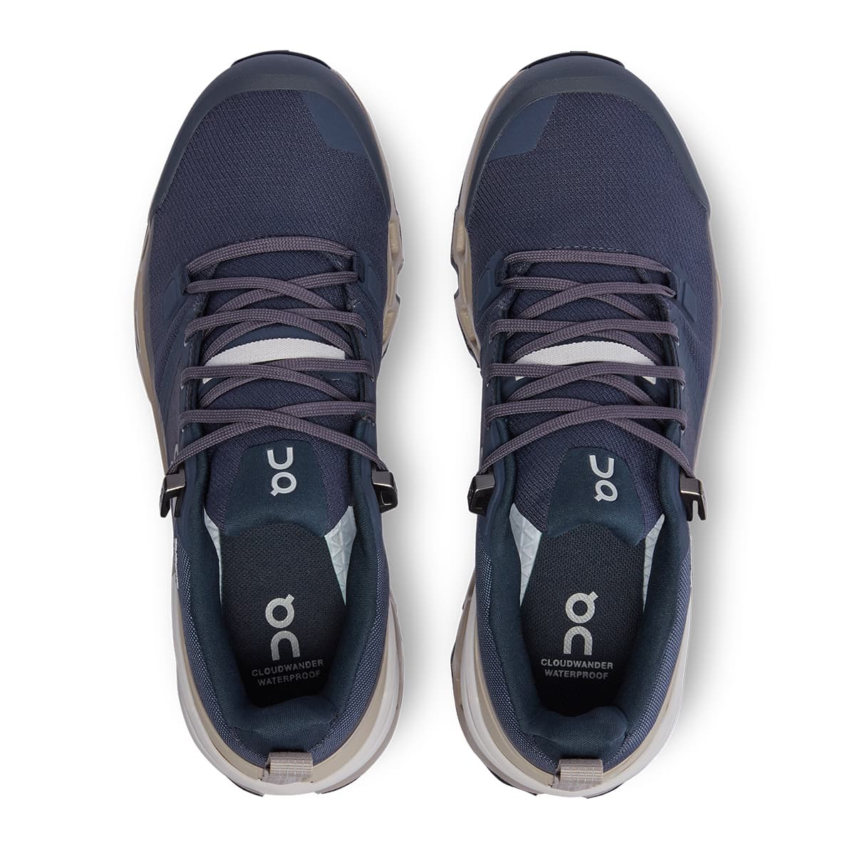 Top view of the On Cloudwander Waterproof Navy-Desert women’s running shoes