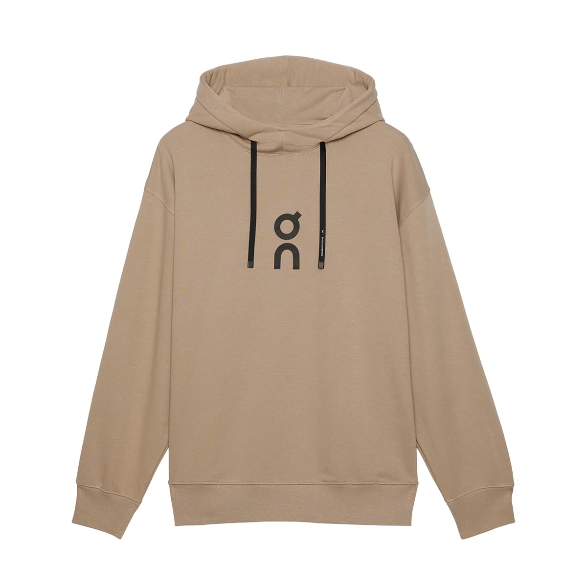 Flat lay of the On Club Hoodie in Desert showing front logo and drawstrings