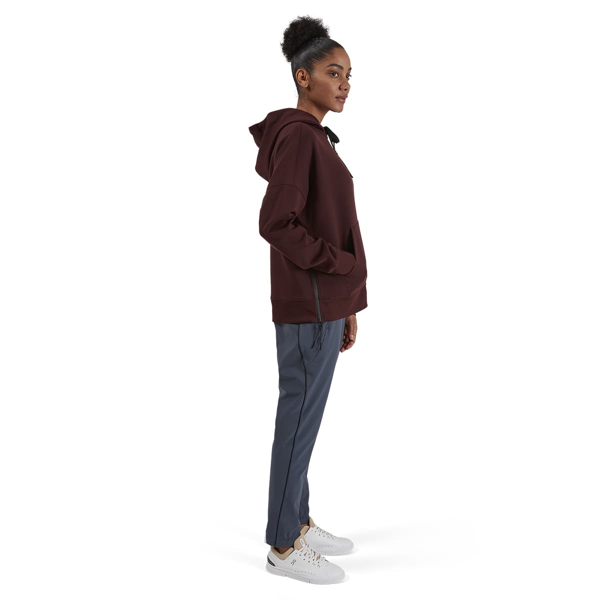 Women wearing the On Hoodie Colour Mulberry - Side View