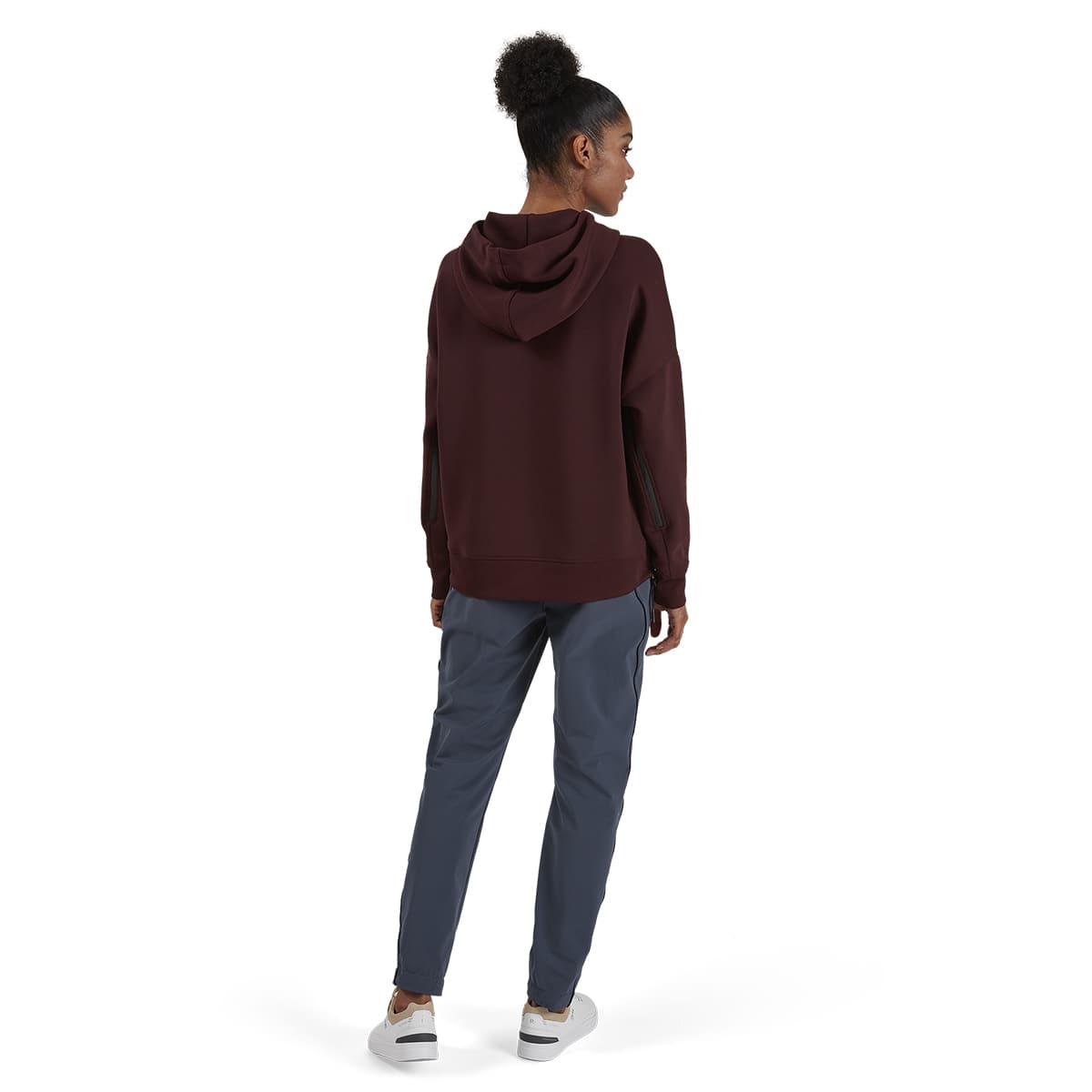 Women wearing the On Hoodie Colour Mulberry - Back View