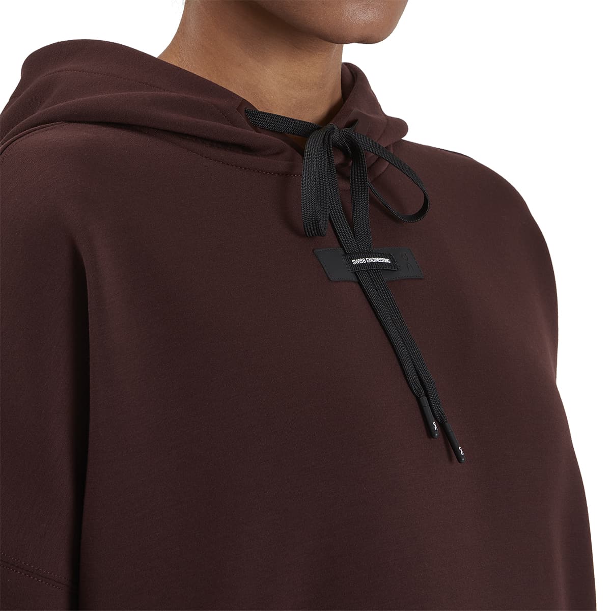 Women wearing the On Hoodie Colour Mulberry - Front Detail - Draw String