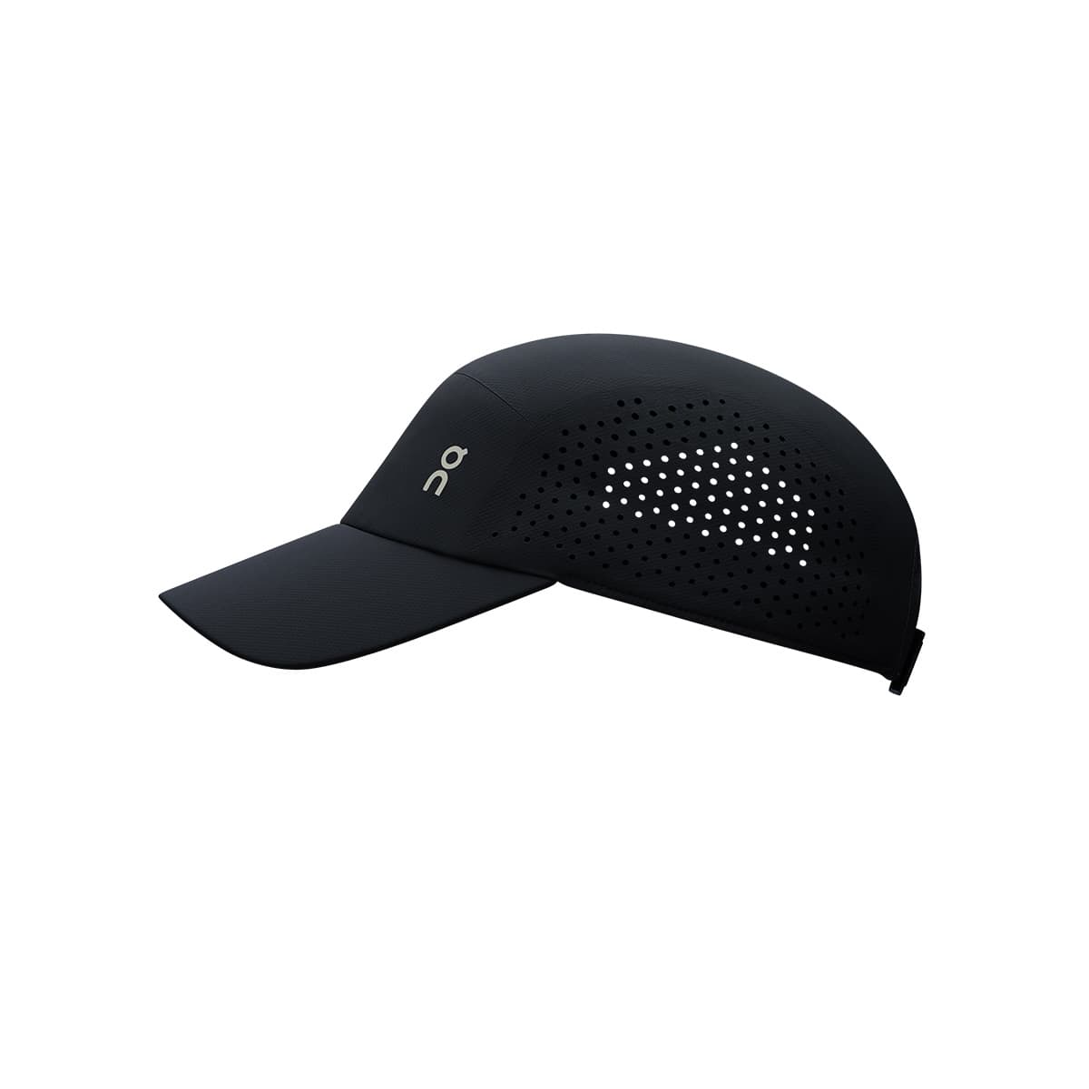 Side view of the On Lightweight Cap in Black showing laser-cut ventilation detail