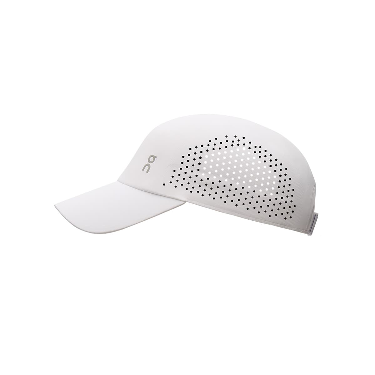 Side view of the On Lightweight Cap in White showing laser-cut ventilation detail