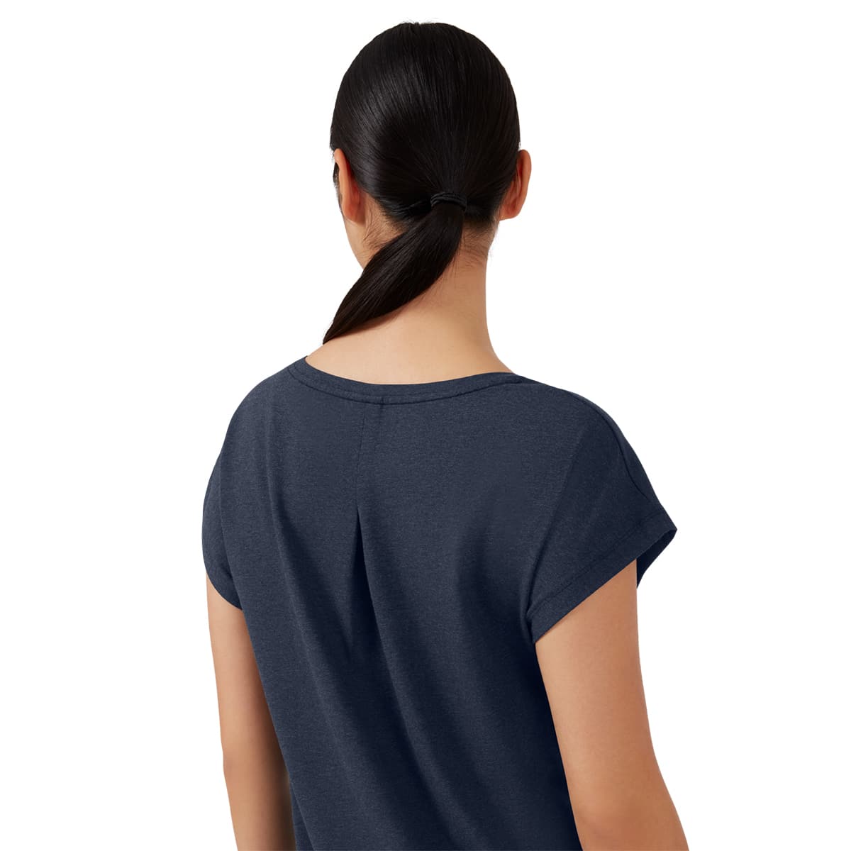 Woman wearing the On On T Colour Navy - Back Collar Stitching