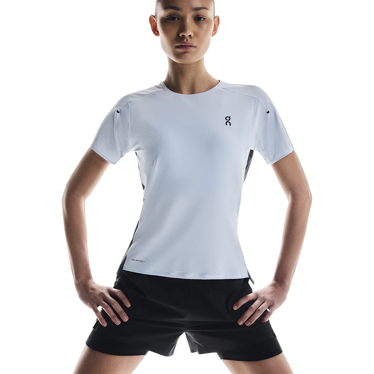 Woman wearing the On Performance T Colour Arctic-Eclipse - Front Detail View