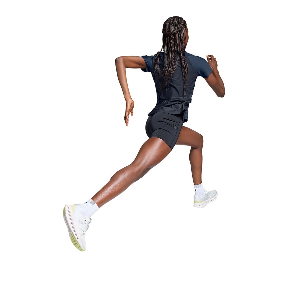 Woman wearing the On Performance T Colour Denim-Navy - Back View Motion