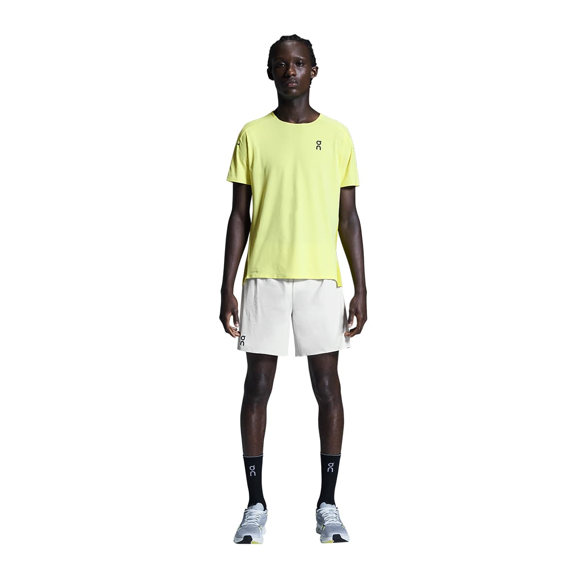 Man wearing the On Performance T Colour Limelight-Lime