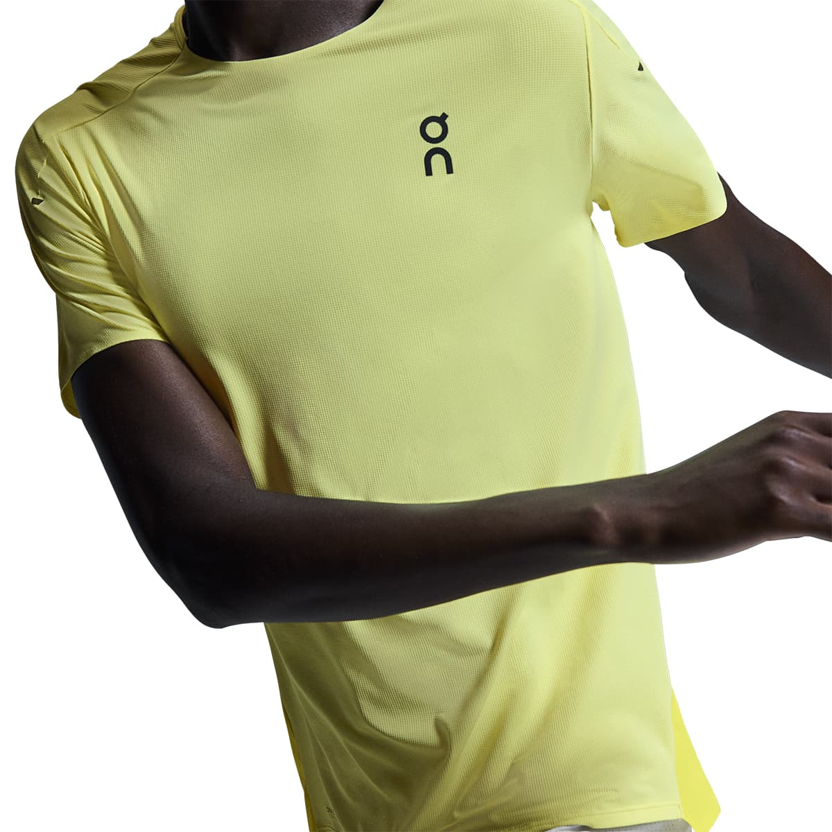 Man wearing the On Performance T Colour Limelight-Lime - Front view close up motion