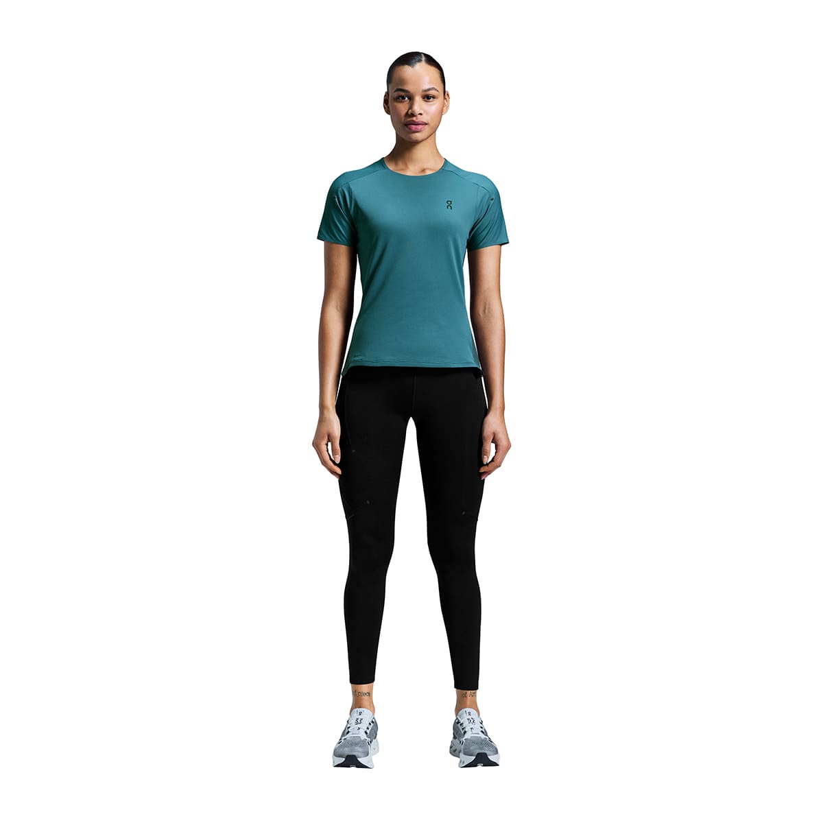Woman wearing the On Performance T Colour Storm-Stone