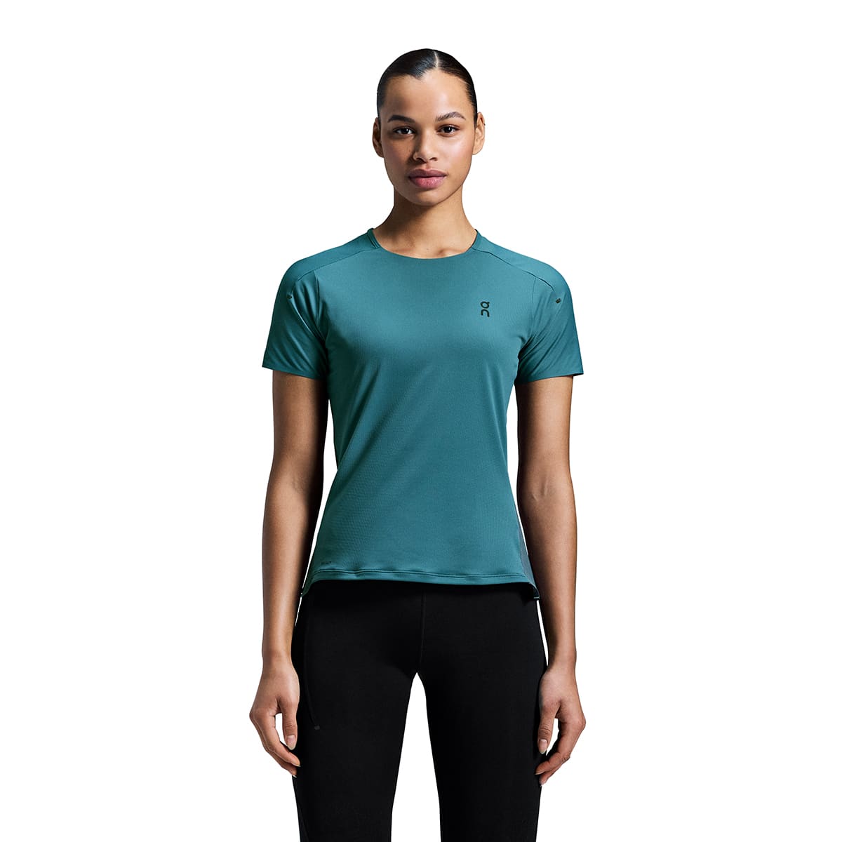 Woman wearing the On Performance T Colour Storm Stone- Front view zoom