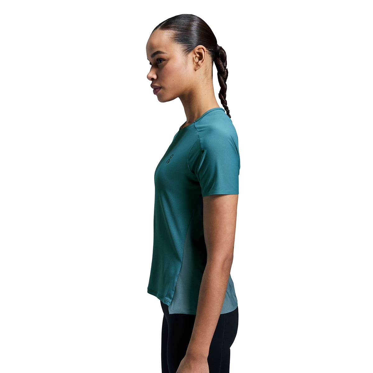 Woman wearing the On Performance T Colour Storm Stone - Side View
