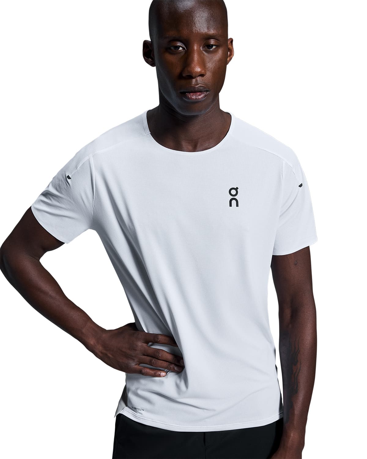 Man wearing the On Performance T Colour White Silver - Front Close up