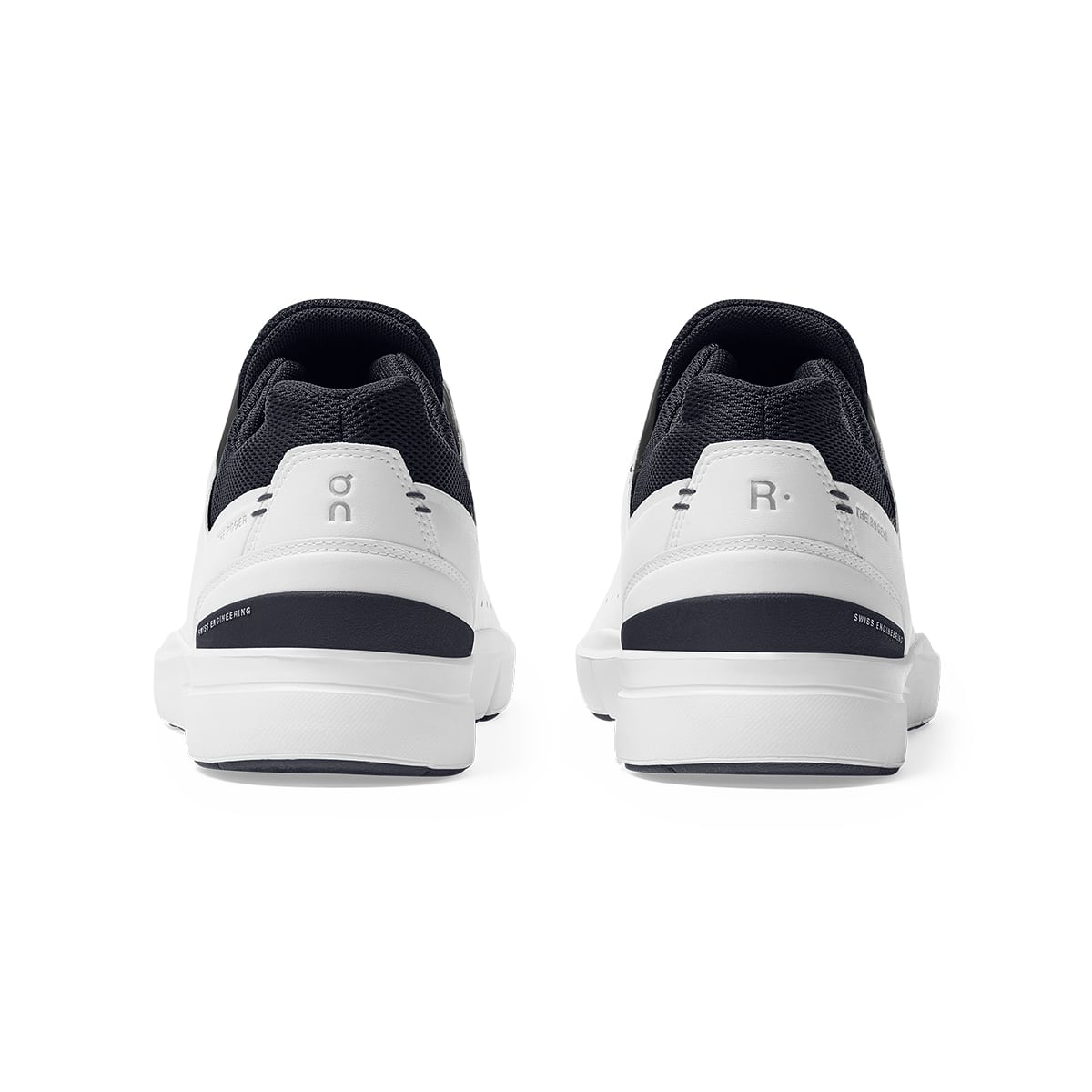 Back view of the On The Roger Advantage White-Midnight running shoe
