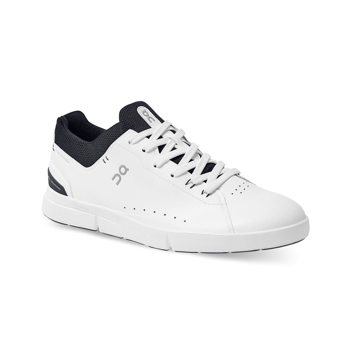 45-degree view of the On The Roger Advantage White-Midnight running shoe