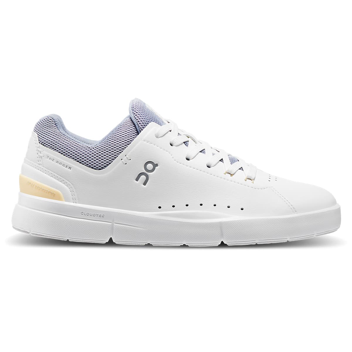 Right side view of the On The Roger Advantage White-Nimbus women’s running shoe