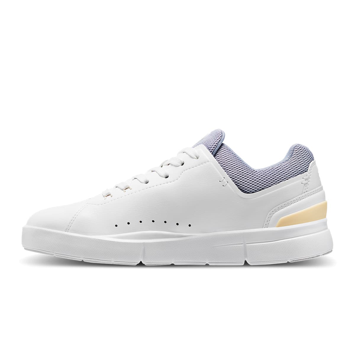 Left side view of the On The Roger Advantage White-Nimbus women’s running shoe