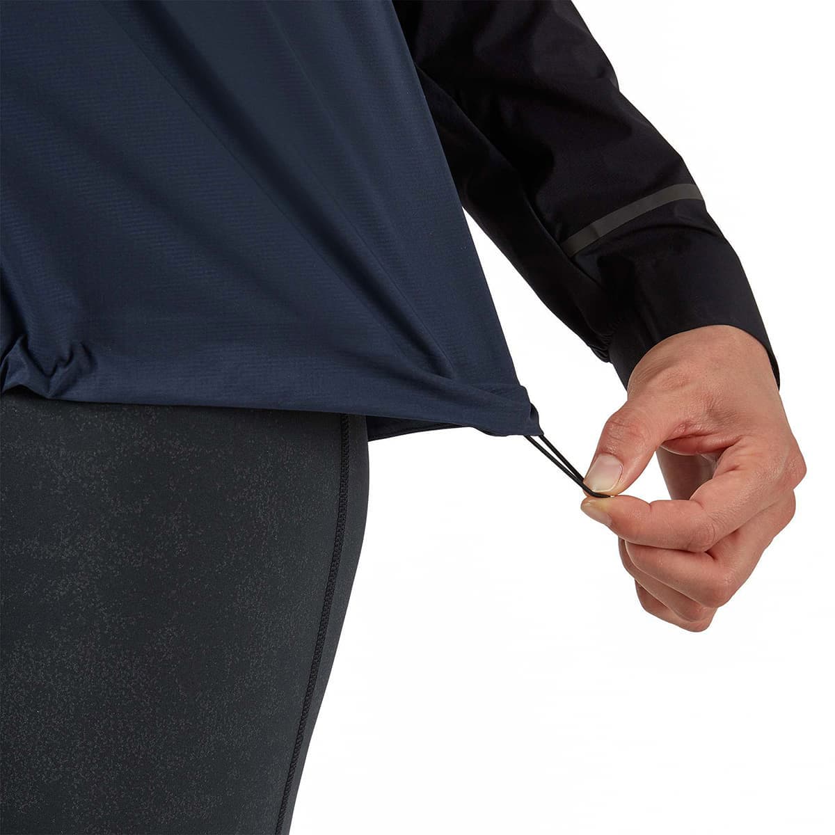Woman wearing the On Weather Jacket Colour Black Navy - Side Draw String
