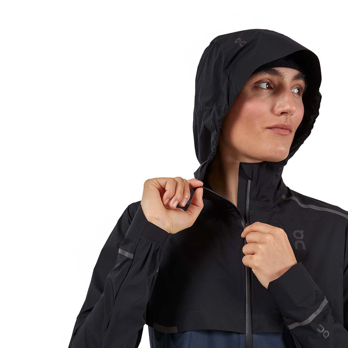 Woman wearing the On Weather Jacket Colour Black Navy - View Hoodie On