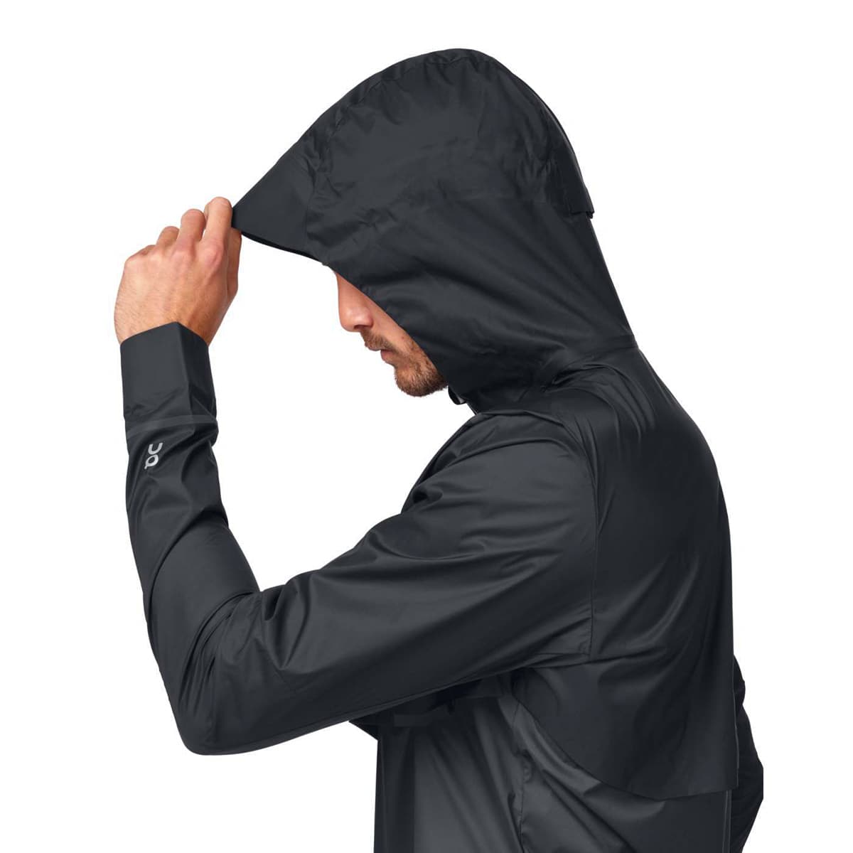 Man wearing the On Weather Jacket Colour Black Shadow - Hoodie Side View