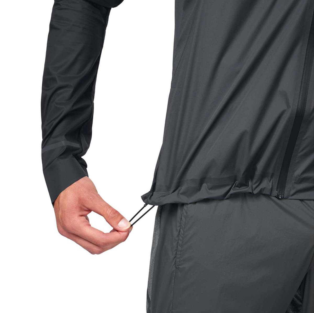 Man wearing the On Weather Jacket Colour Black Shadow - Side Straps