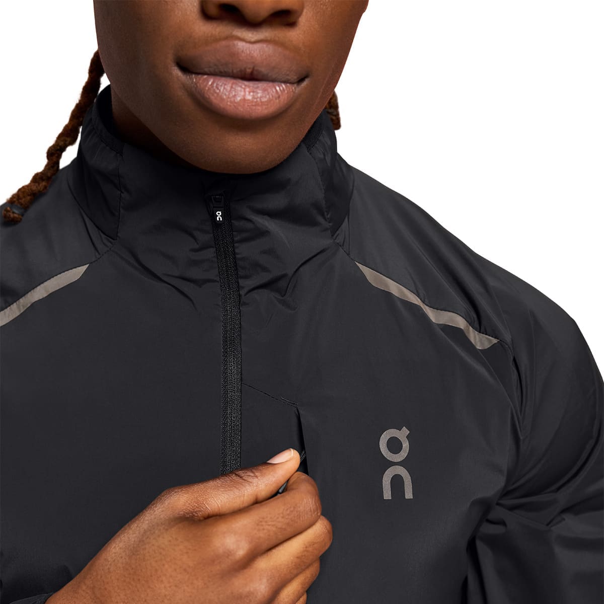 Man wearing the On Weather Jacket Colour Black - Front Secure Pocket
