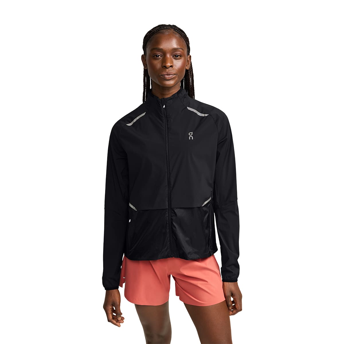 Woman wearing the On Weather Jacket Colour Black