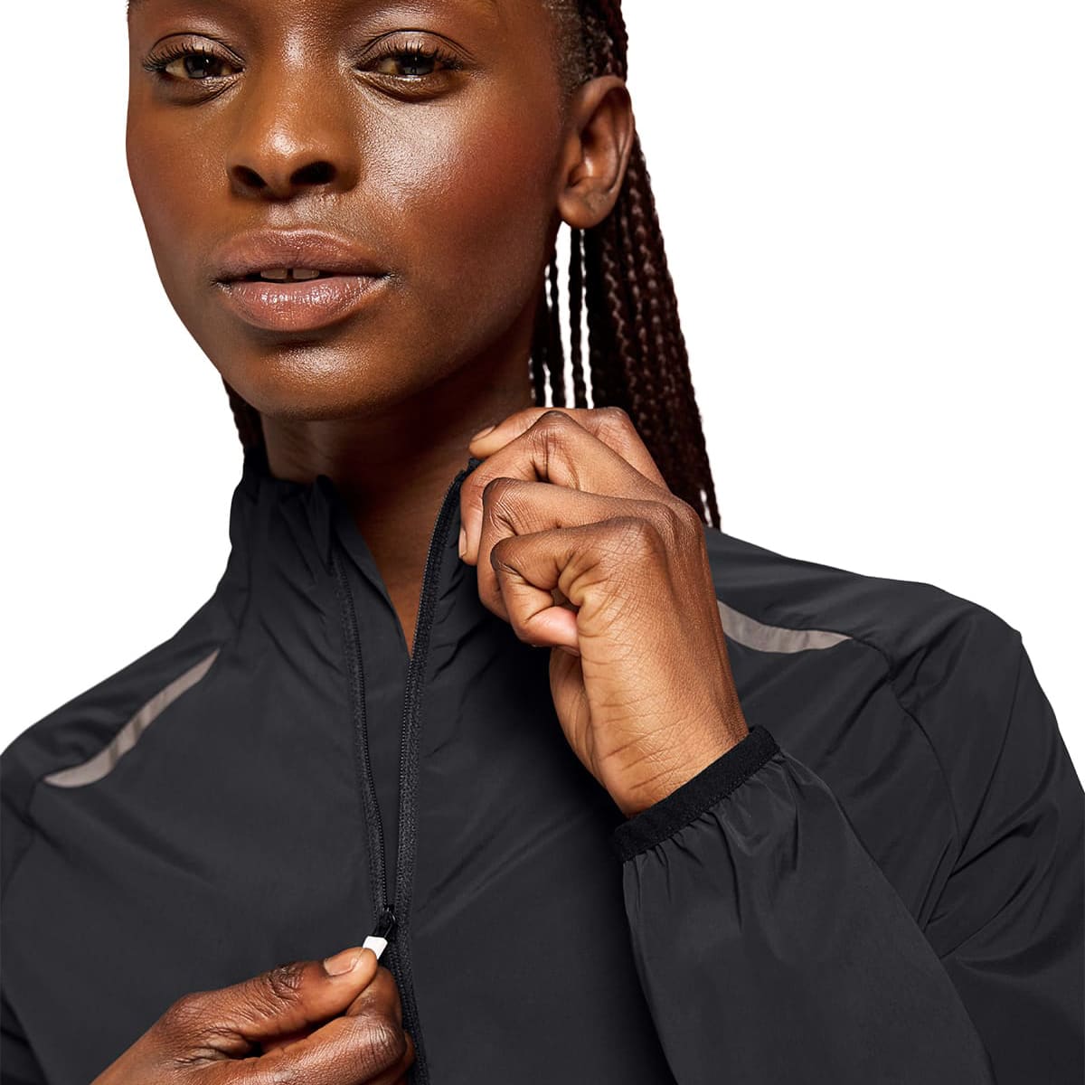 Woman wearing the On Weather Jacket Colour Black - Detail Front Zip