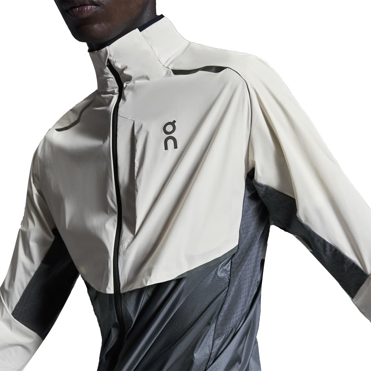 Man wearing the On Weather Jacket Colour Silver-Eclipse - front detail