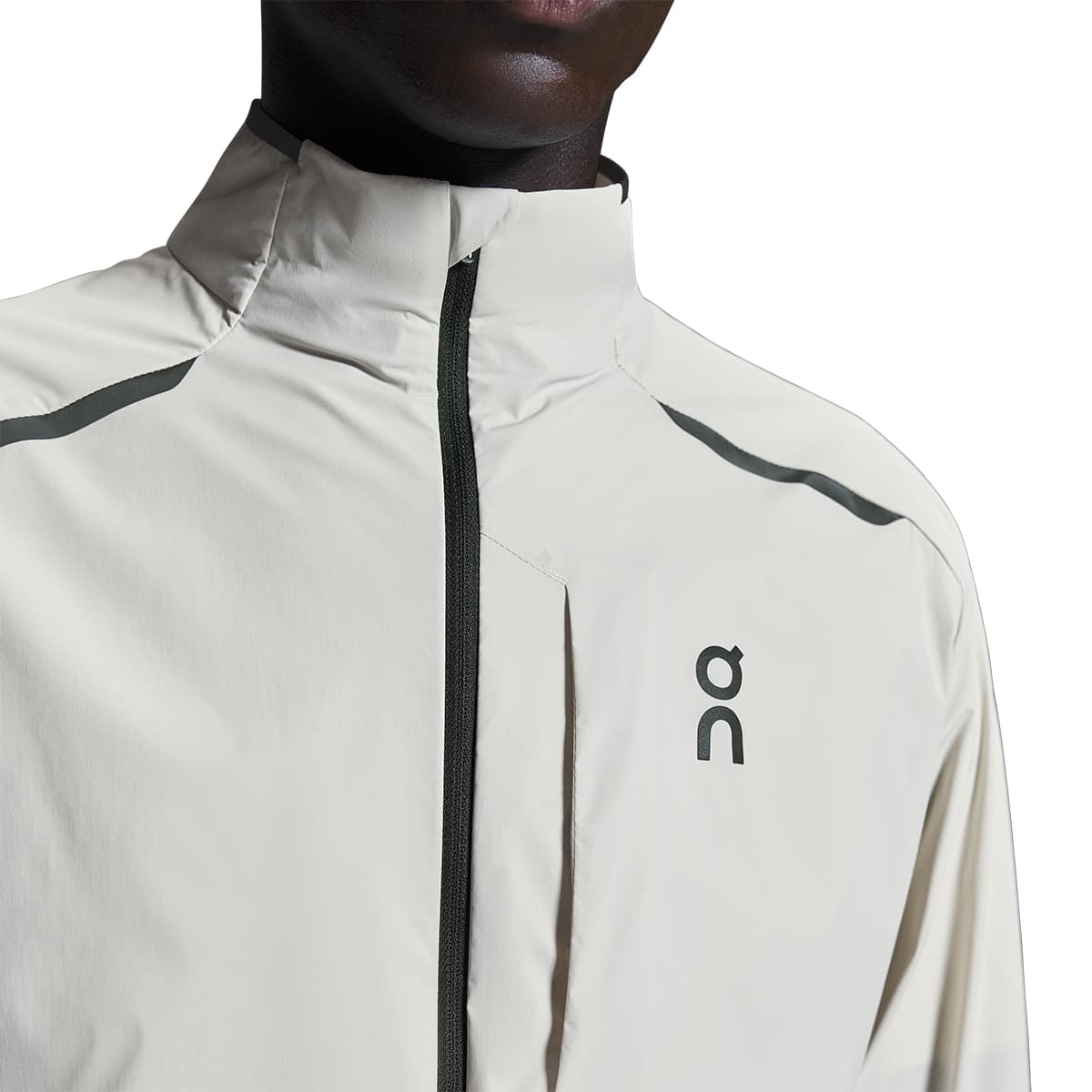 Man wearing the On Weather Jacket Colour Silver-Eclipse - Front Zip