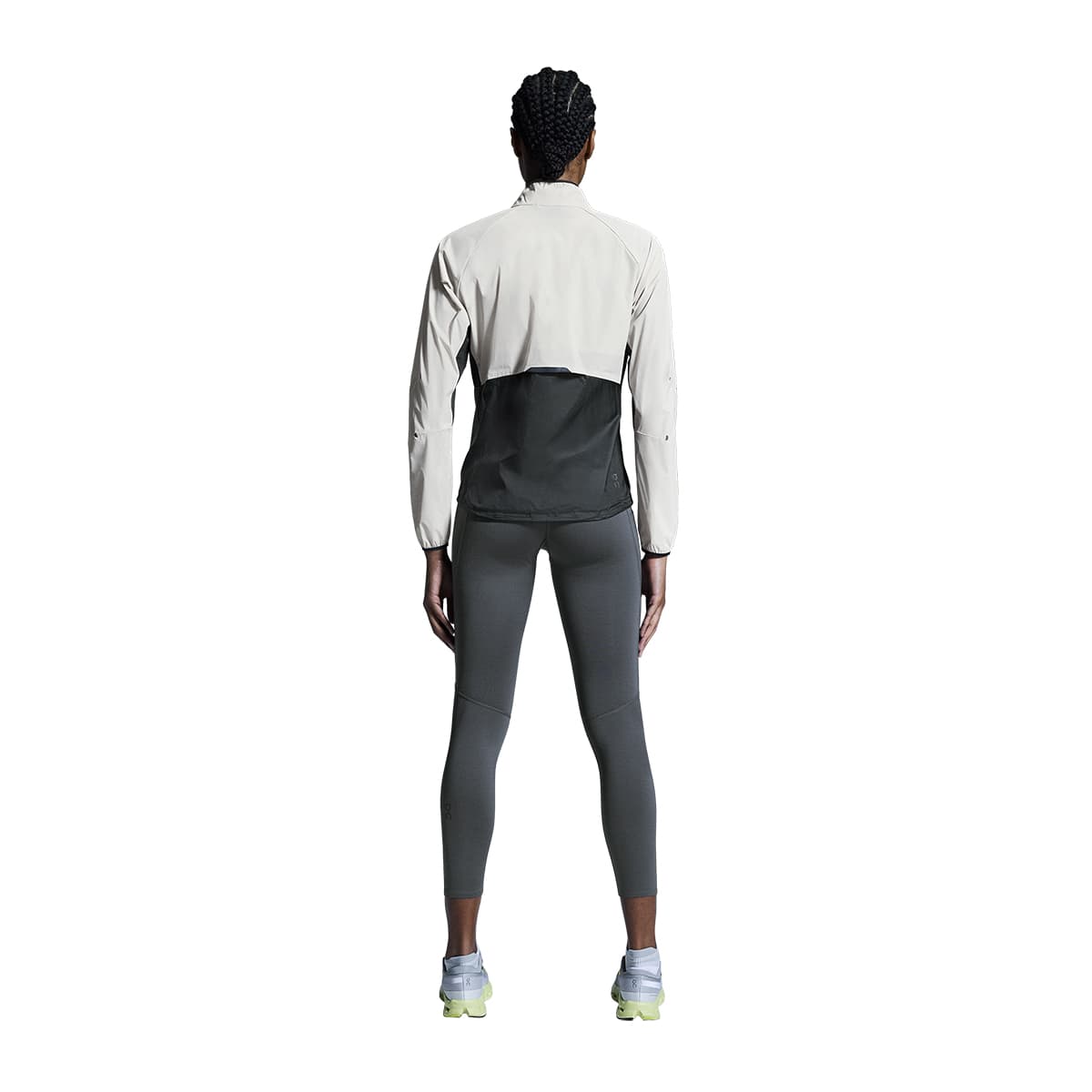 Woman wearing the On Weather Jacket Colour Silver Eclipse - Back View